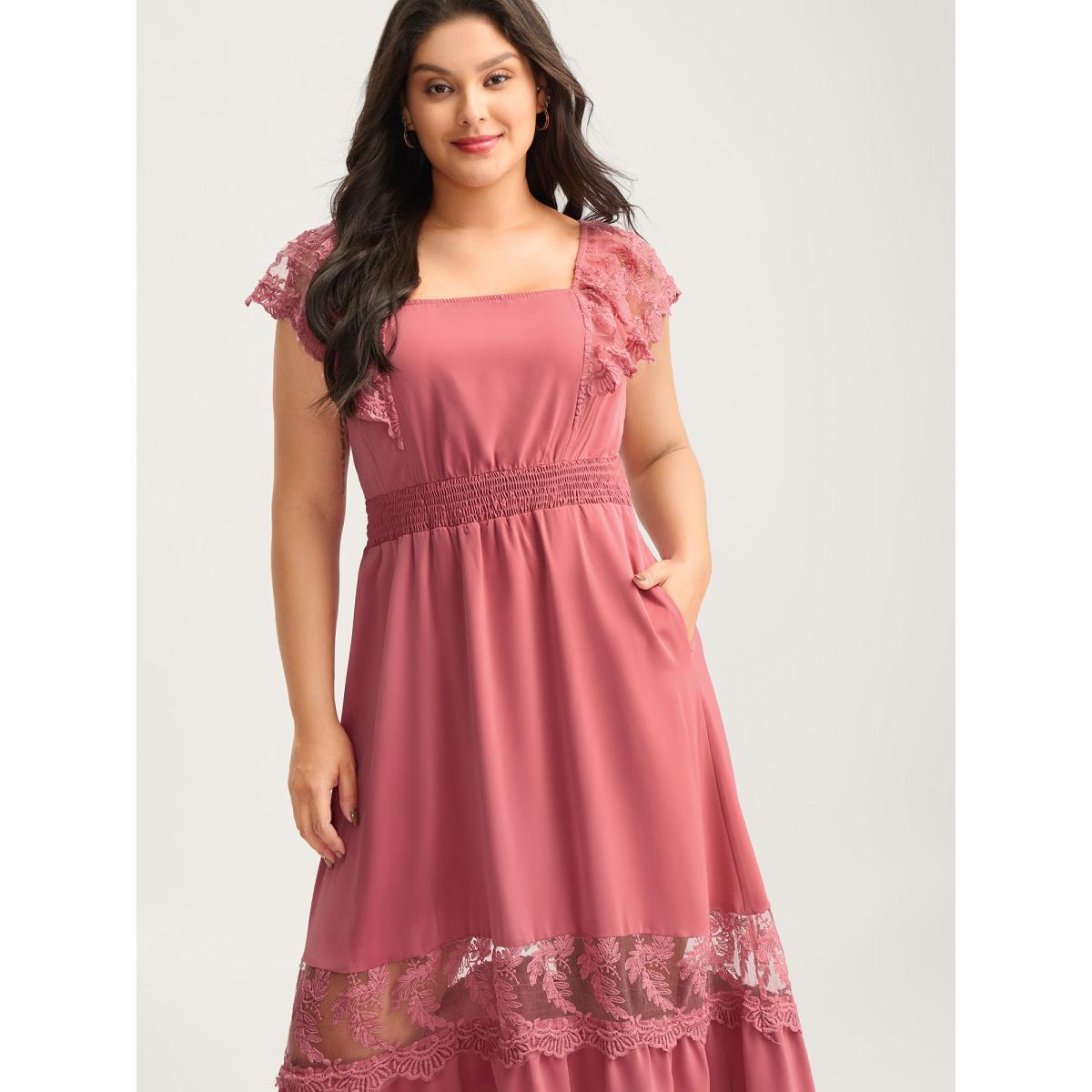 Plus Size Lace Trim Shirred Waist Midi Dress Beanpastepowder Women Square Neck Sleeveless Curvy BloomChic 12/L Product Image