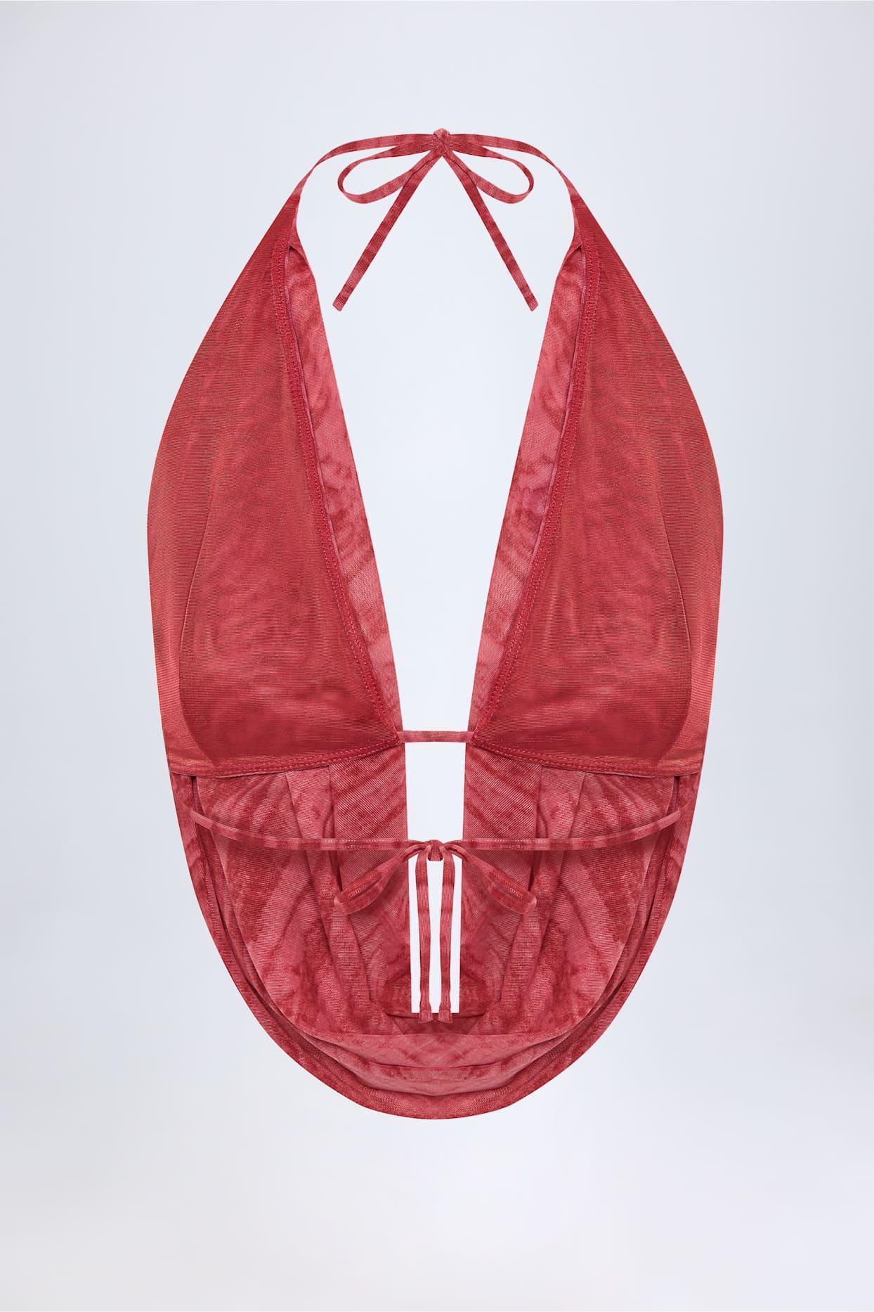 Cowl-Neck Backless Crop Top in Red Print Product Image