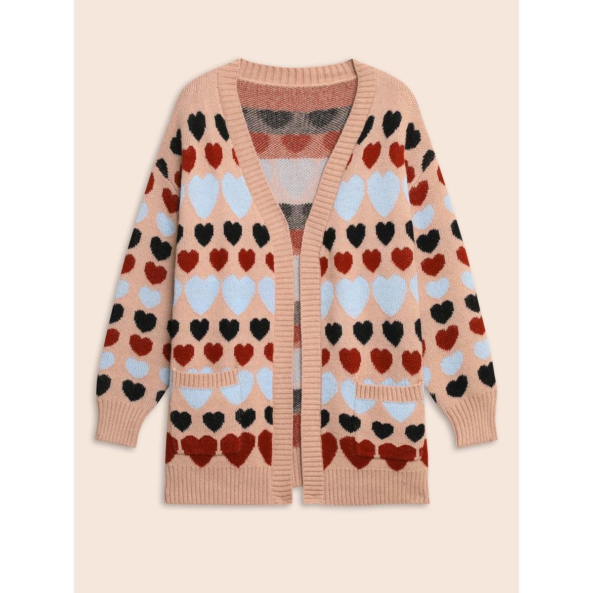 Plus Size Contrast Heart Patch Pocket Cardigan Nudepink Women Casual Loose Long Sleeve Everyday Cardigans BloomChic 10/M Product Image