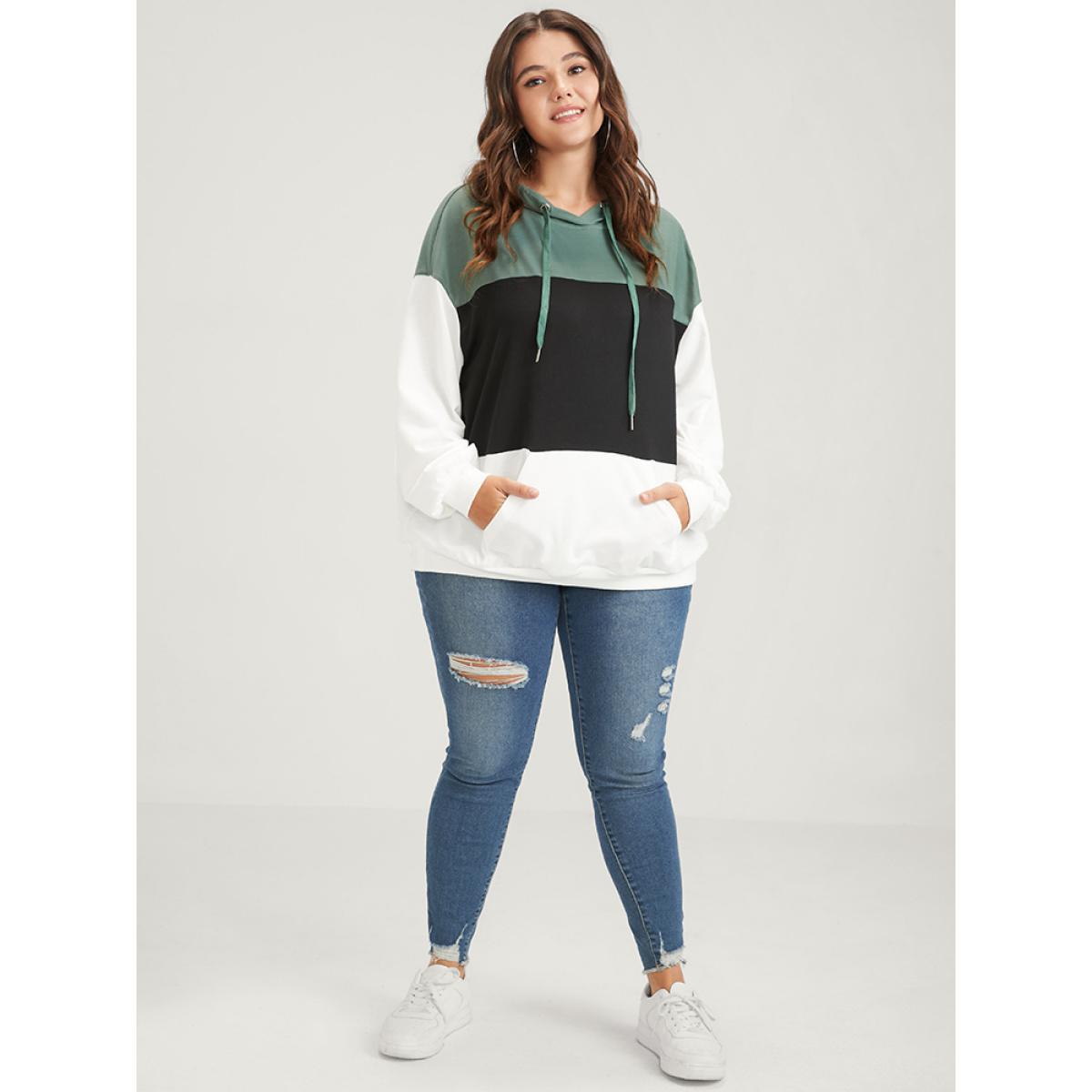 Plus Size Colorblock Contrast Drawstring Pocket Hooded Drop Shoulder Sweatshirt Women Multicolor Casual Contrast Hooded Dailywear Sweatshirts BloomChic 12/L Product Image