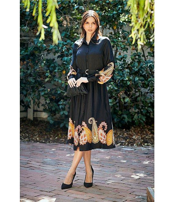 Moda Tara Paisley Satin Button Front Long Sleeve Midi Dress Product Image
