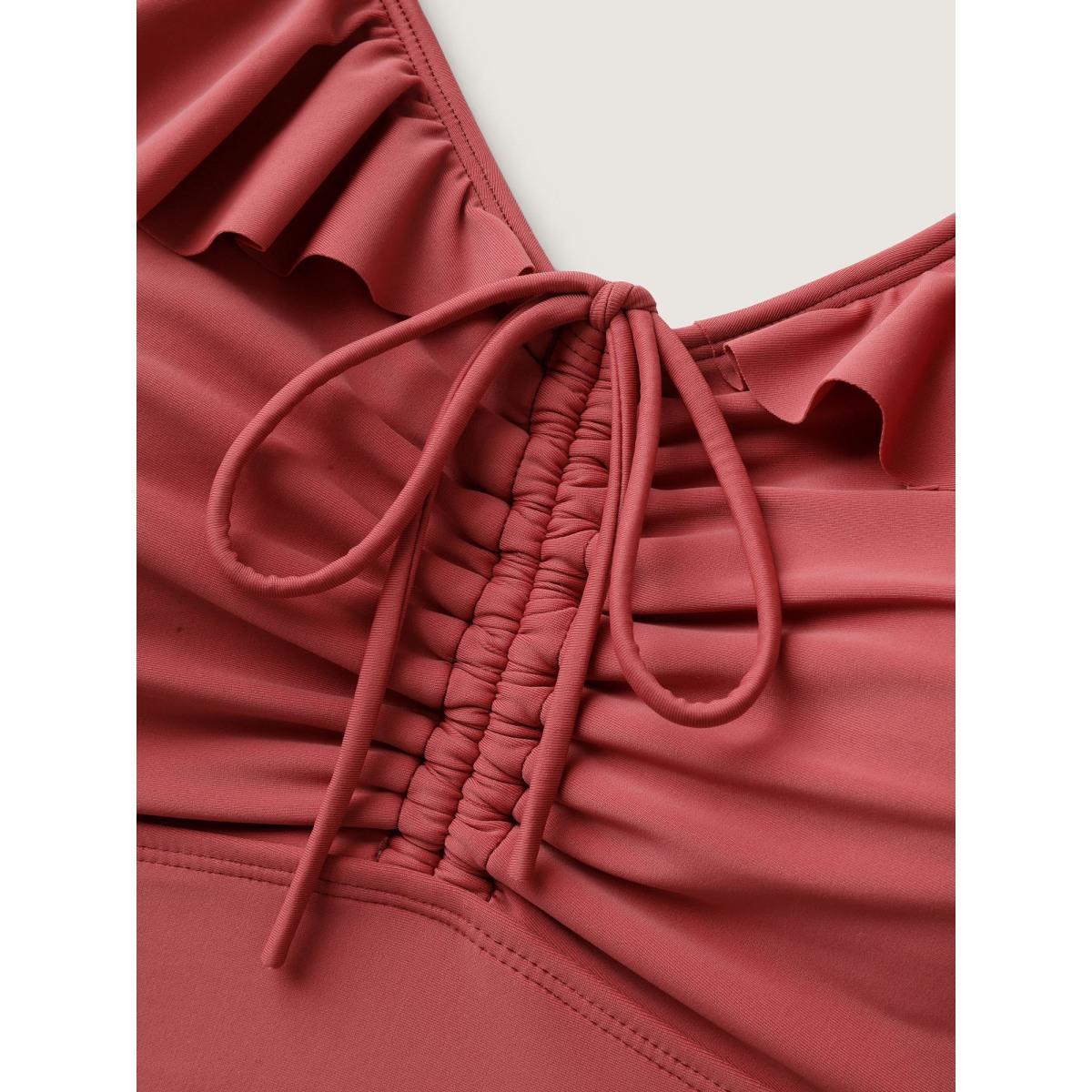 Plus Size Ruffled Drawstring Bodice Swim Top Women's Swimwear Rust Beach Drawstring High stretch Skinny V-neck Curve Swim Tops BloomChic 30/6X Product Image