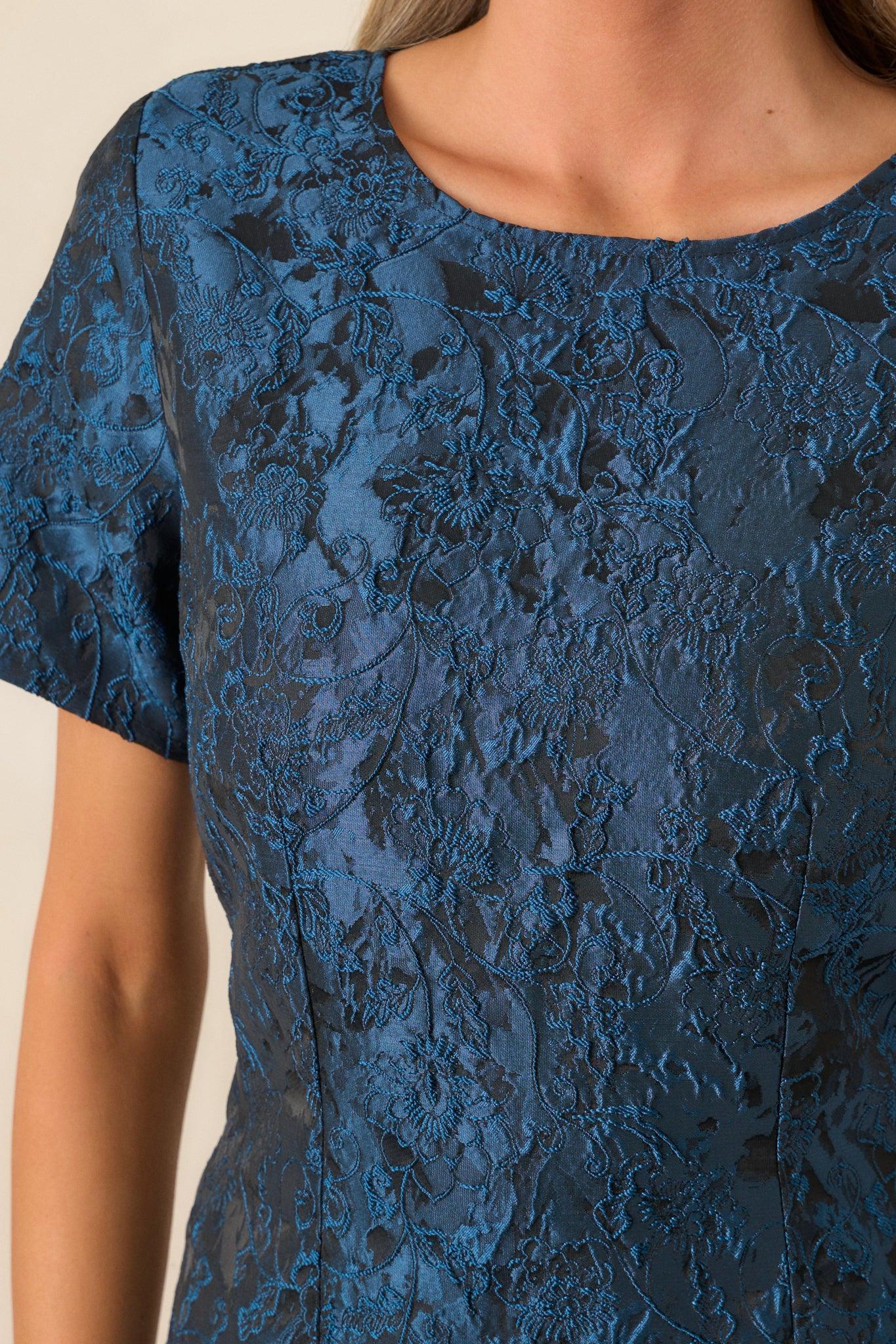 Glamour in Motion Dark Teal Jacquard Midi Dress Product Image