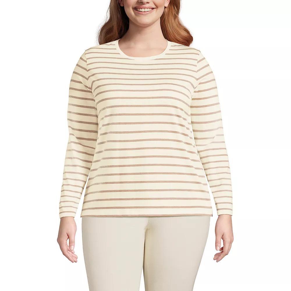 Plus Size Lands' End Long Sleeve Relaxed Supima Cotton Crewneck Tee, Women's, Size: 1XL, Ivory Black Stripe Product Image