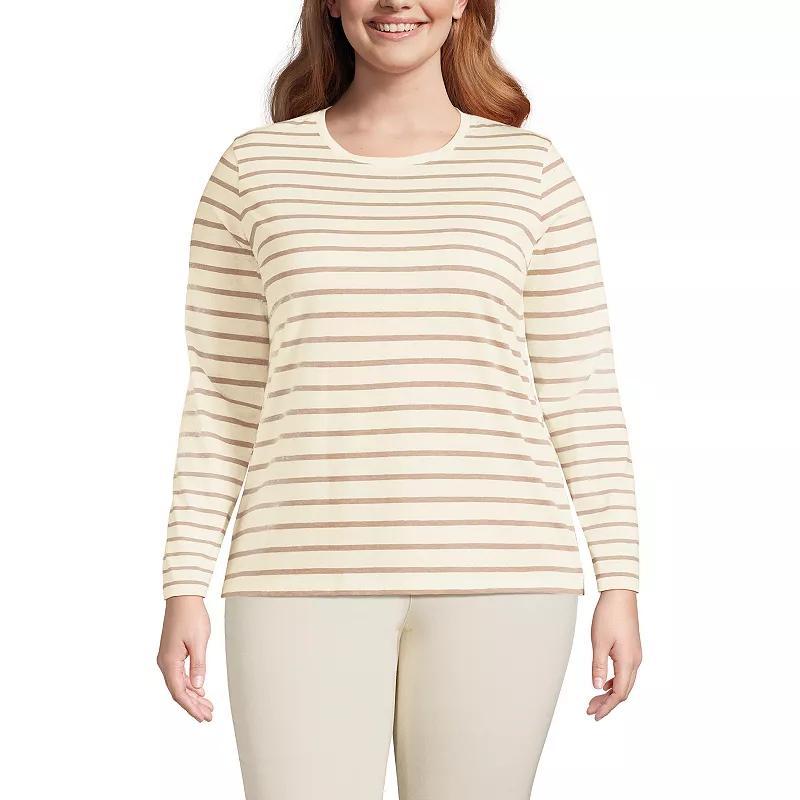 Plus Size Lands' End Long Sleeve Relaxed Supima Cotton Crewneck Tee, Women's, Size: 1XL, Ivory Black Stripe Product Image
