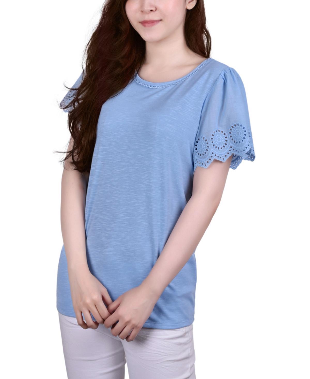 Womens Short Eyelet-Cut-out Sleeve Scoop Neck Top Product Image