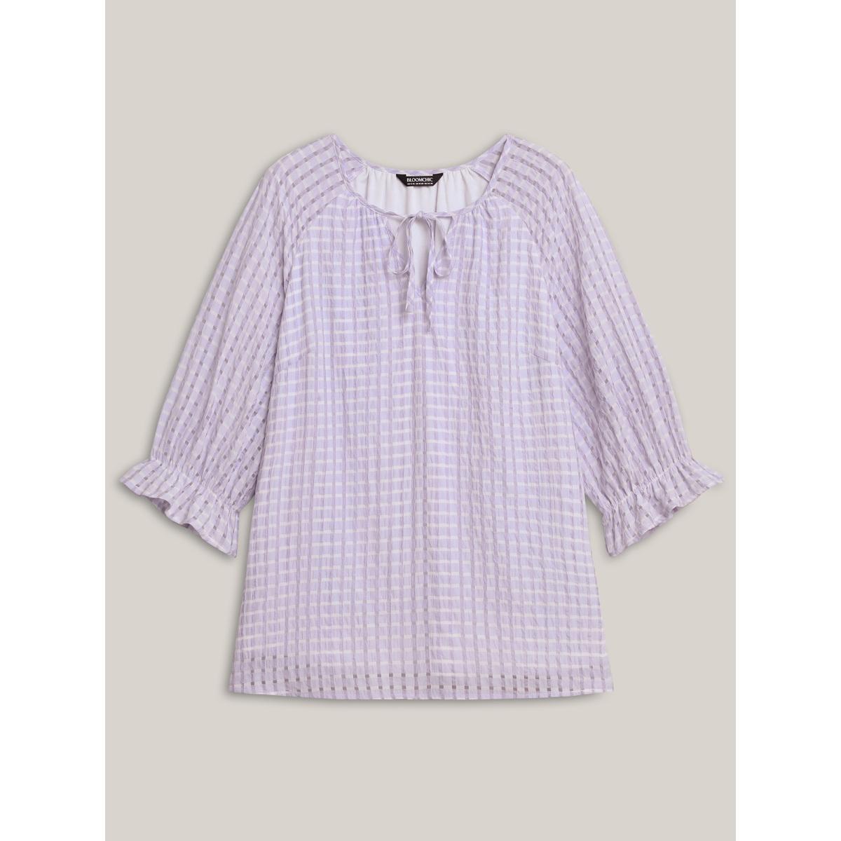 Plus Size Lavender Grid Textured Keyhole Tie Blouse Women Long Sleeve Round Neck Everyday-Casual Blouses BloomChic 26/4X Product Image