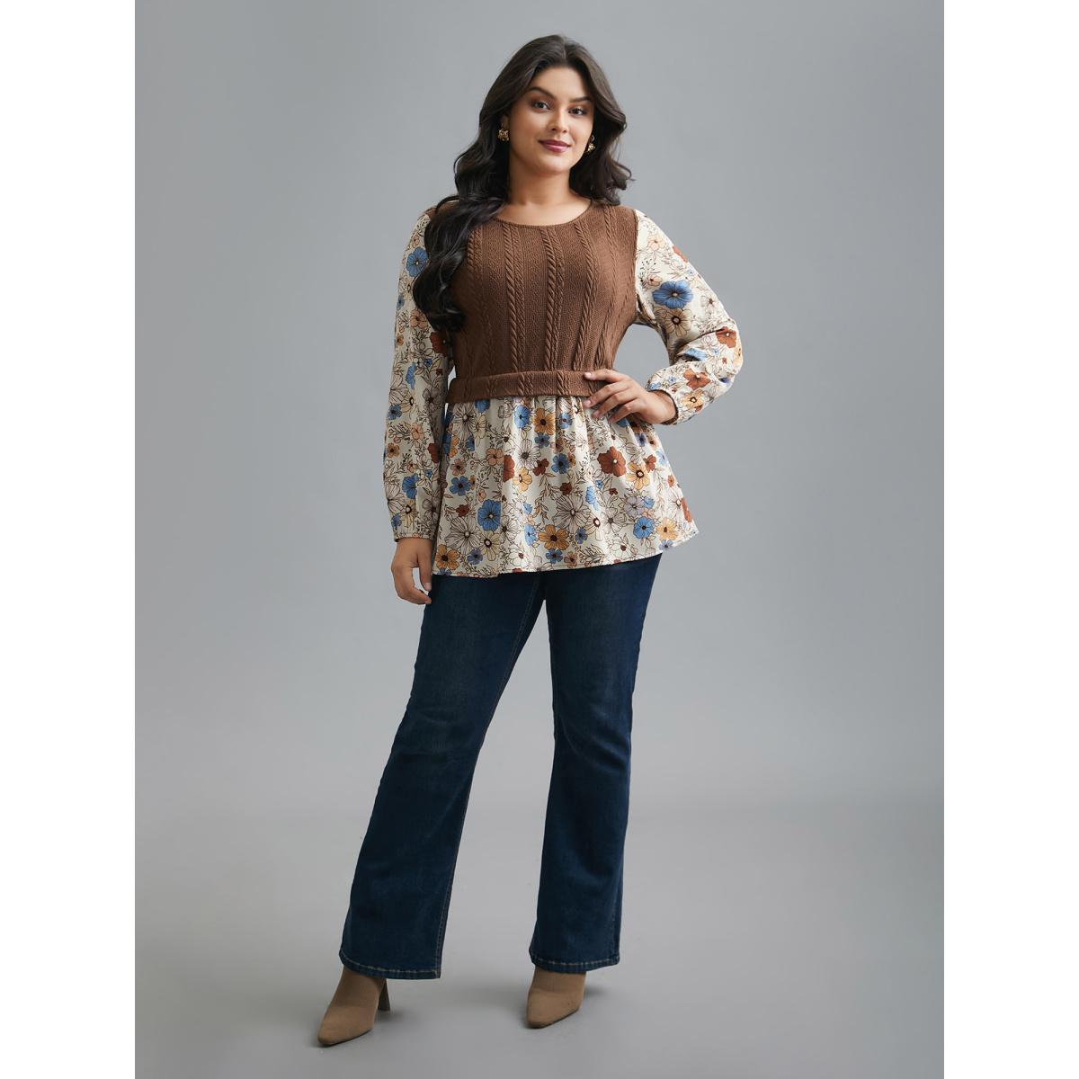 Plus Size Multicolor Mixed Texture Floral Combined Blouse Women Elegant Long Sleeve Round Neck Everyday Blouses BloomChic 26/4X Product Image