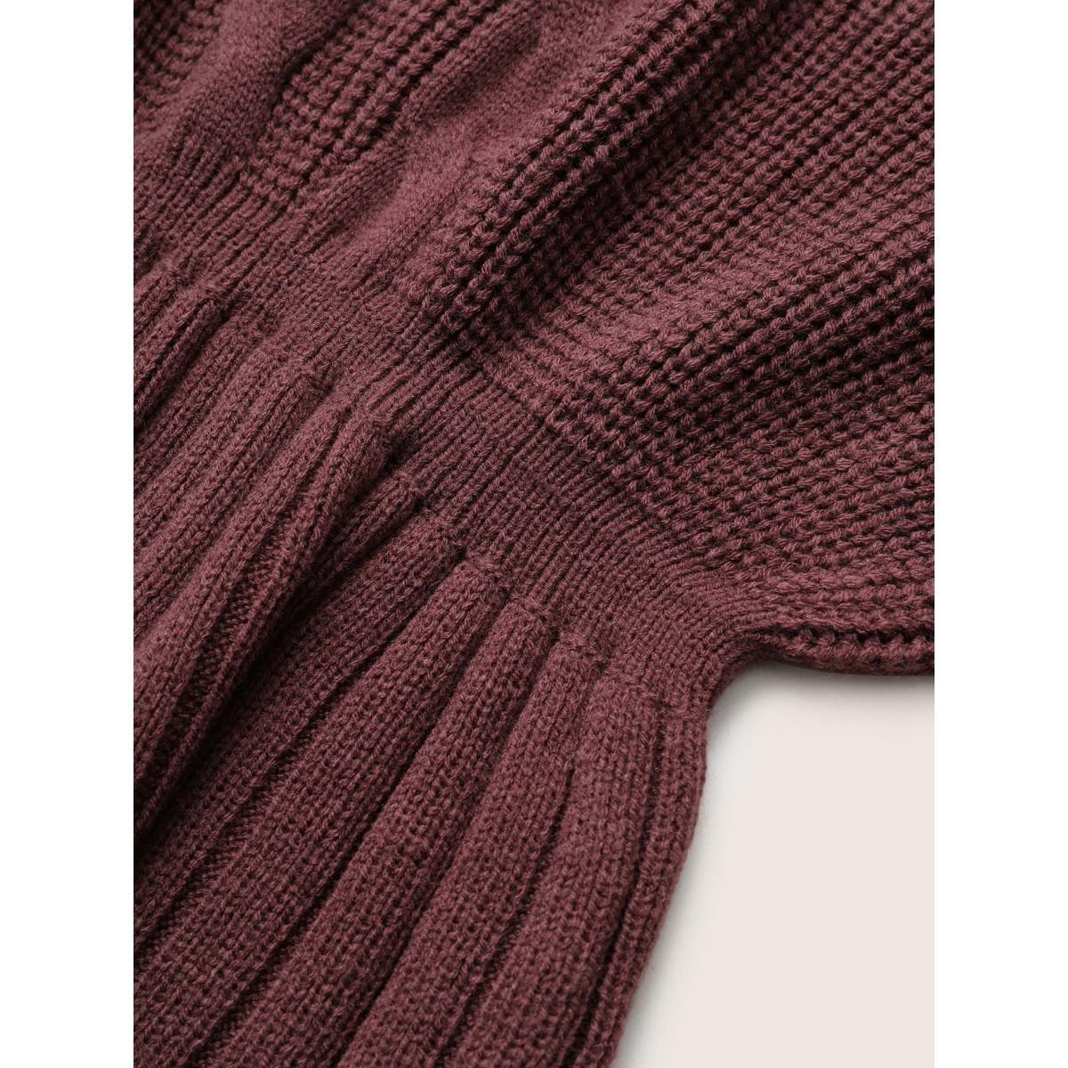 Plus Size Solid Cable Knit Elastic Waist Pullover Maroon Women Casual Long Sleeve V-neck Everyday Pullovers BloomChic 18-20/2X Product Image