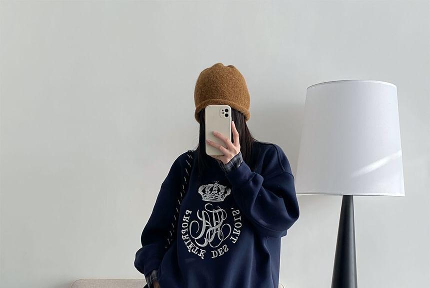 Crew Neck Lettering Plaid Panel Pullover Product Image
