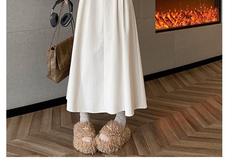 High Waist Plain Pleated Corduroy Midi A-Line Skirt Product Image