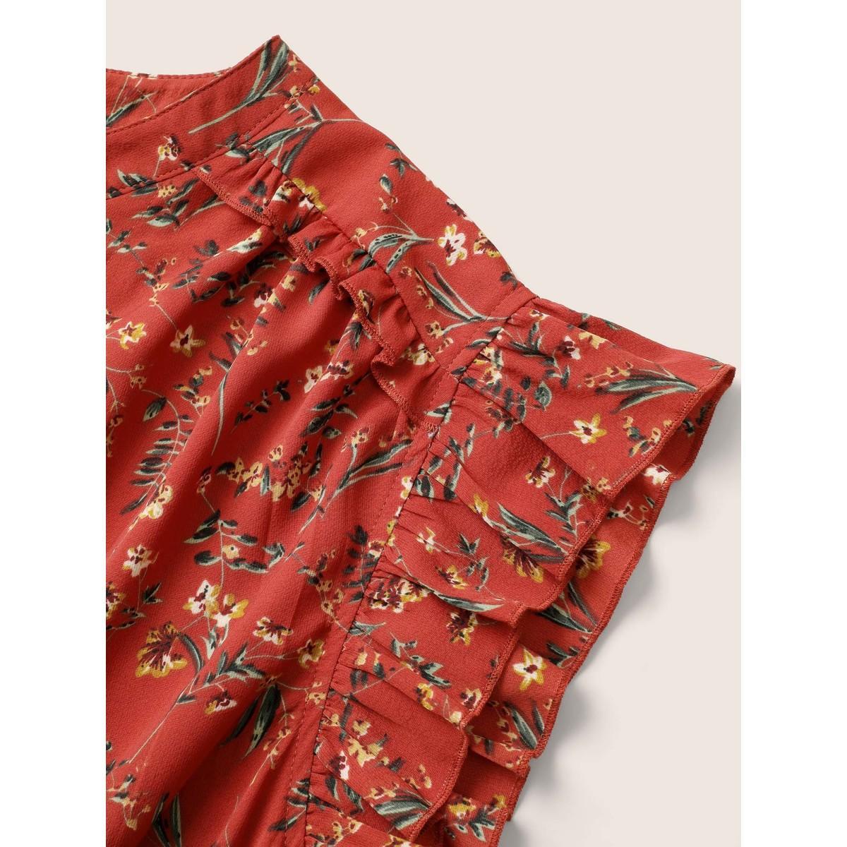 Plus Size Floral Print Frill Notched Flutter Sleeve Dress Raspberry Women Elegant Non Notched collar Sleeveless Curvy Midi Dress BloomChic 22-24/3X Product Image
