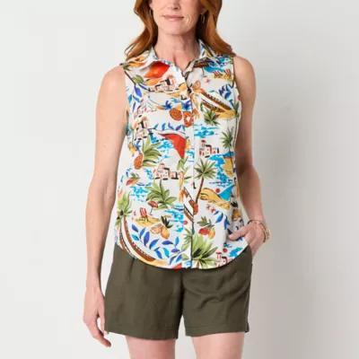 St. John's Bay Womens Sleeveless Regular Fit Easy-on + Easy-off Button-Down Shirt Product Image