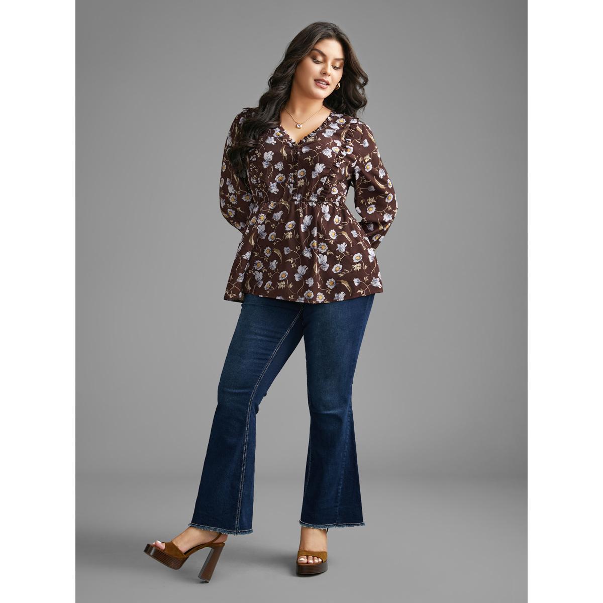 Plus Size DarkBrown Floral Lantern Sleeve Frill Trim Blouse Women Elegant Long Sleeve V-neck Everyday Blouses BloomChic 22-24/3X Product Image