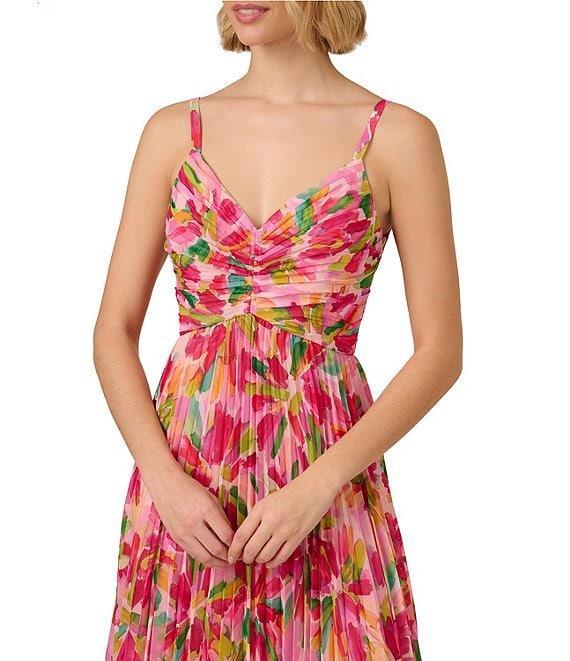 Adrianna Papell Floral Chiffon V-Neck Sleeveless Pleated Midi Dress Product Image