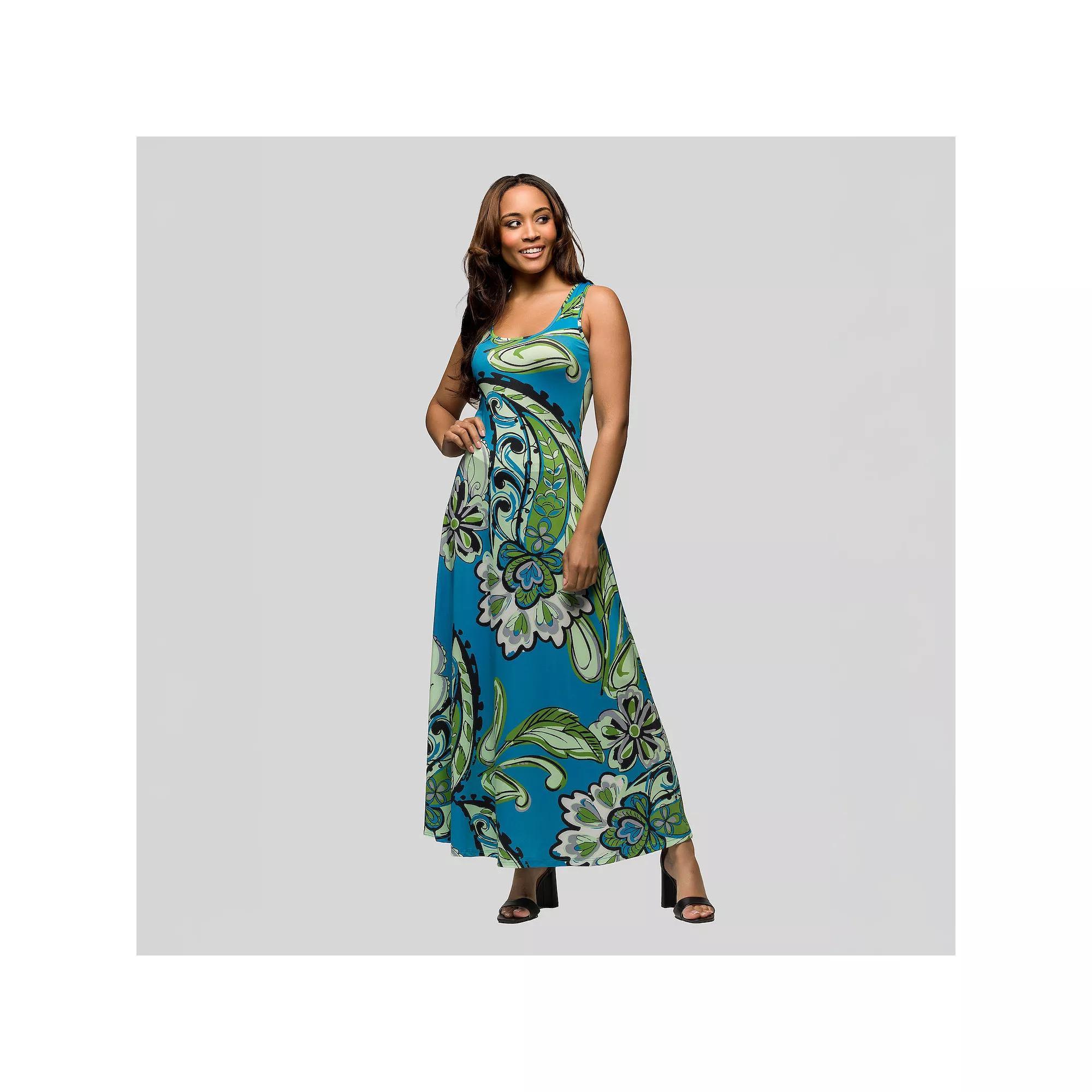 Women's 24seven Comfort Apparel Paisley Print Scoop Neck A-Line Sleeveless Maxi Dress, Size: Small, Blue Team Product Image