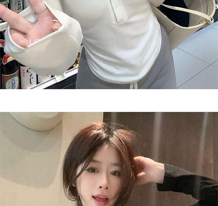Long Sleeve V-Neck Plain Button Ruched T-Shirt Product Image