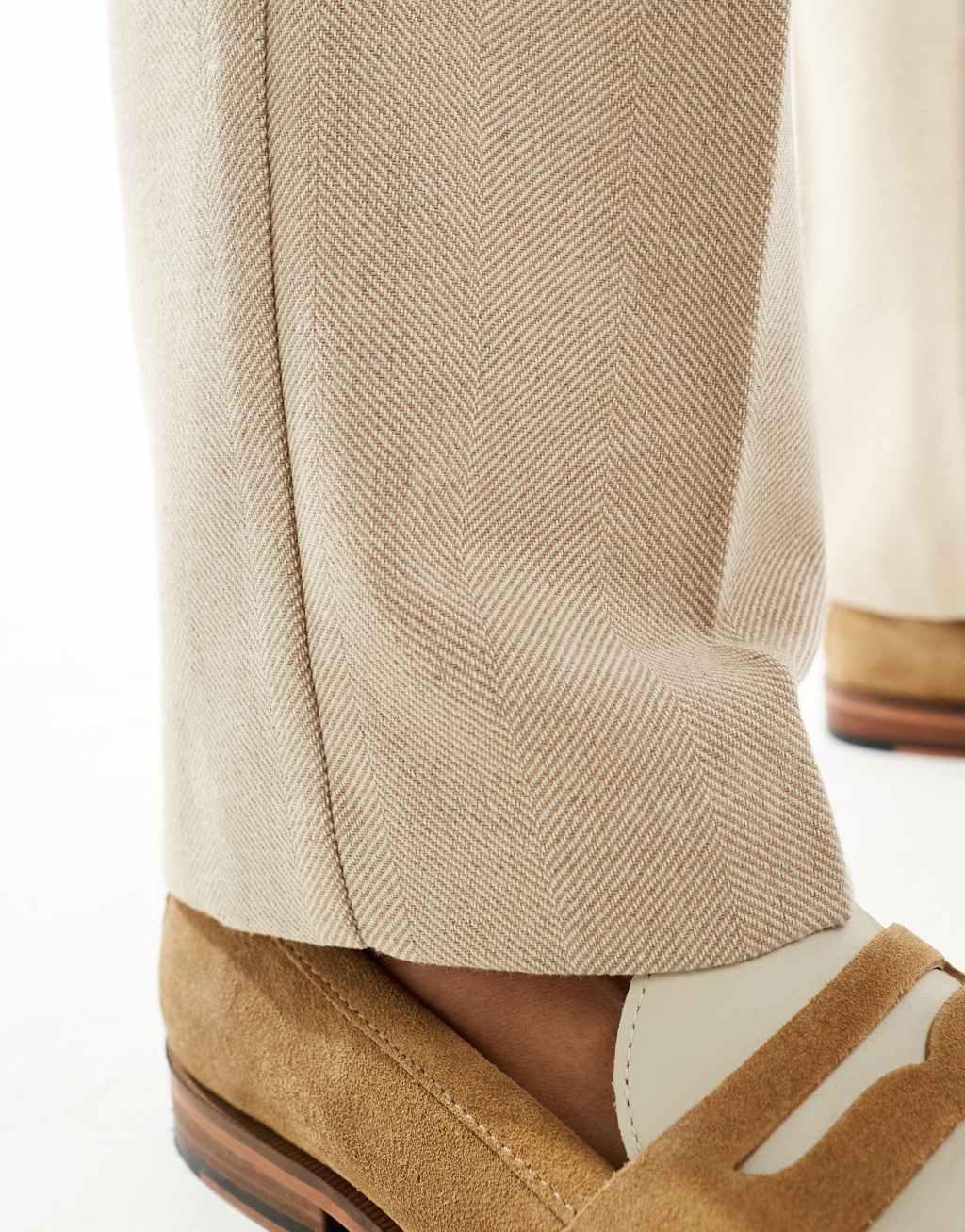 ASOS DESIGN smart straight leg wool mix pants in stone herringbone Product Image