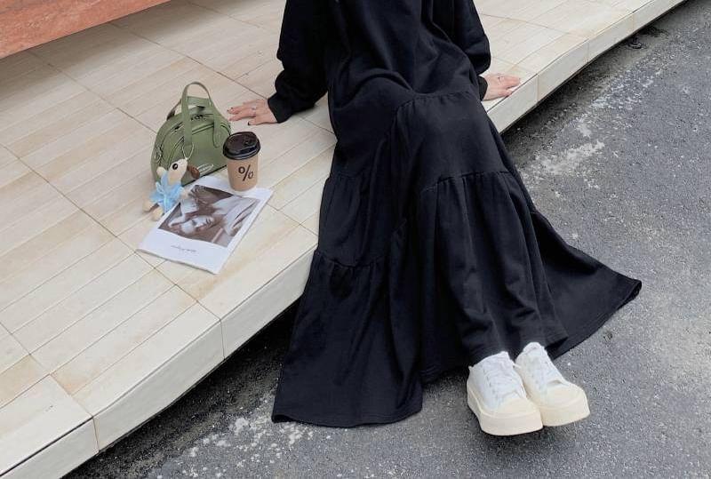 Long Sleeve Round Neck Ruffle Hem Plain Maxi Dress Product Image