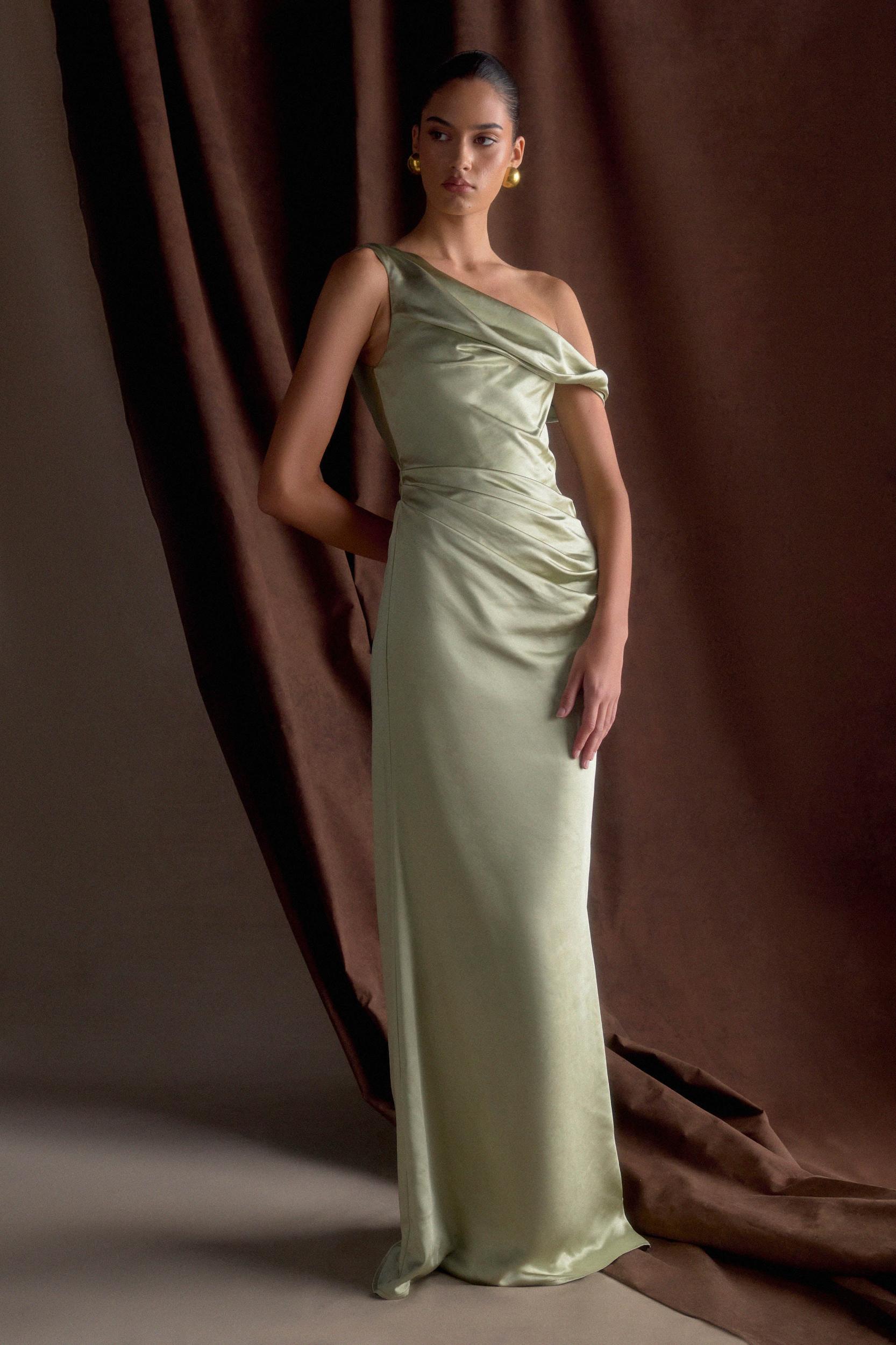 Dalia Off Shoulder Satin Maxi Dress - Sage Product Image