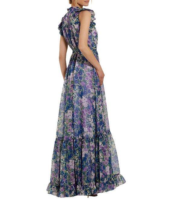 Mac Duggal Mock Neck Ruffle Shoulder Floral Printed Chiffon Maxi Dress Product Image