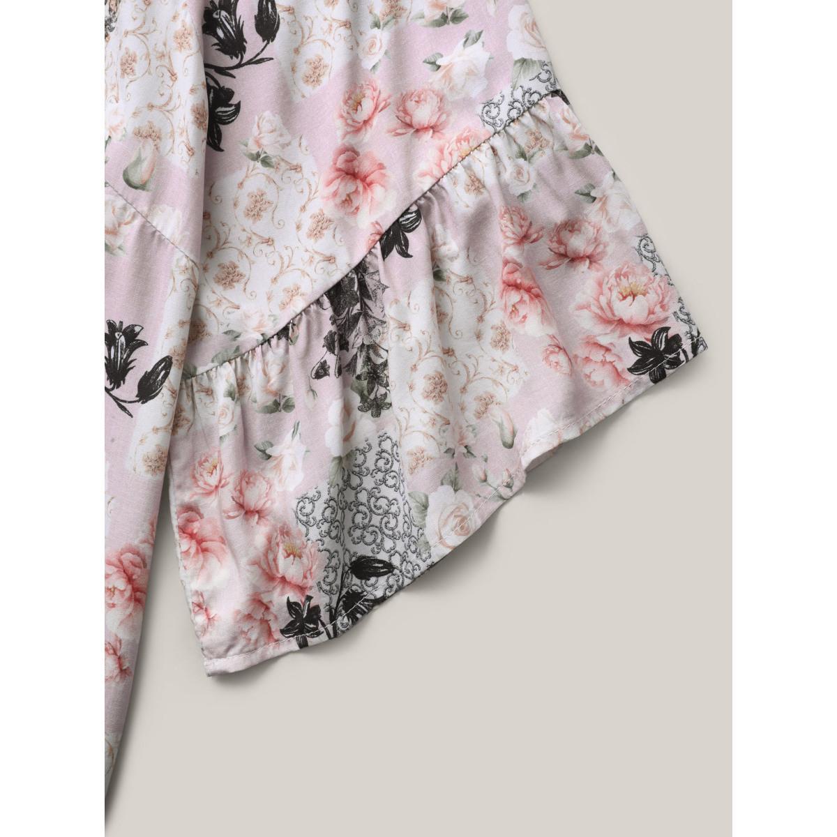 Plus Size Multicolor Floral Shirred Neck Flowy Blouse Women Elbow-length sleeve Round Neck Everyday-Elegant Blouses BloomChic 18-20/2X Product Image