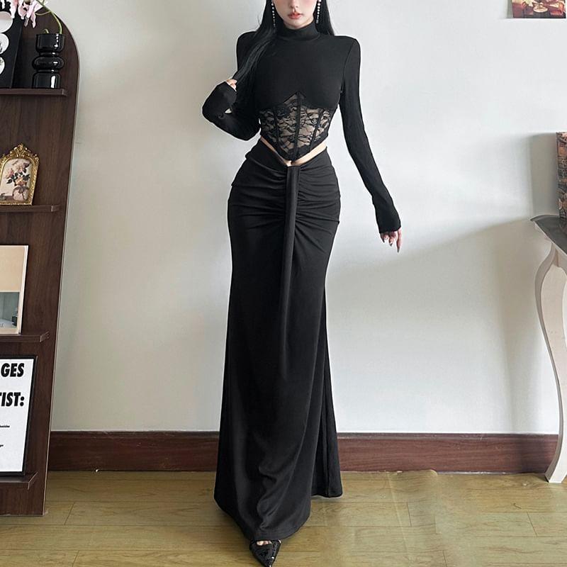 Long-Sleeve Mock Neck Plain Asymmetrical Lace Panel Cropped T-Shirt / Mid Waist Ruched Maxi Fishtail Skirt Product Image