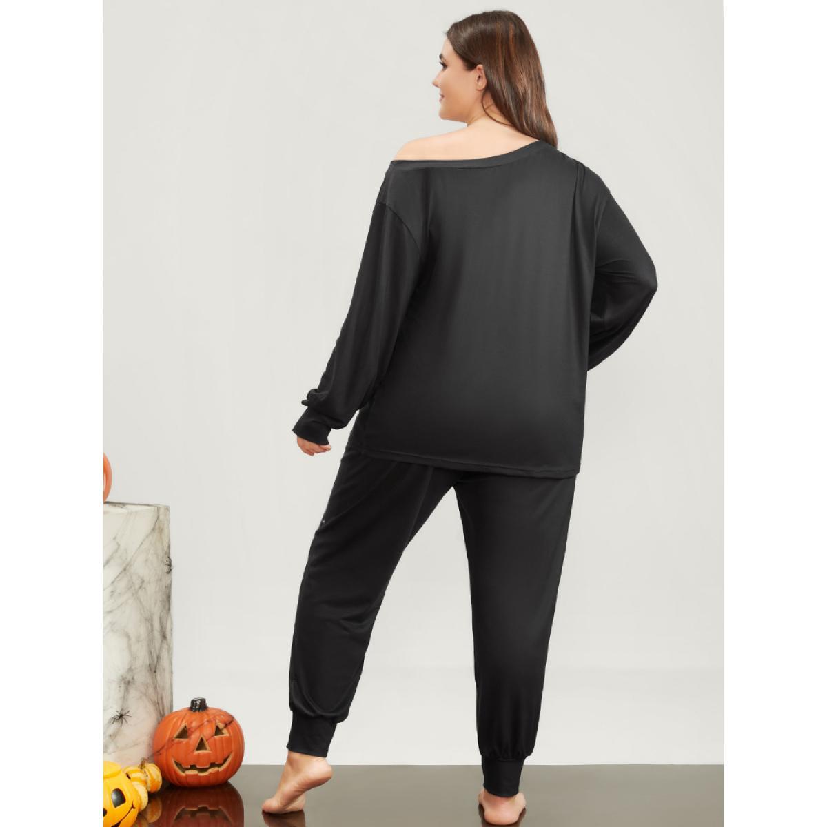 Plus Size Halloween Skull Print One Shoulder Pajama Set Women DimGray Skull Print Printed Long Sleeve One Shoulder Casual Loungewear Sets BloomChic 30/6X Product Image