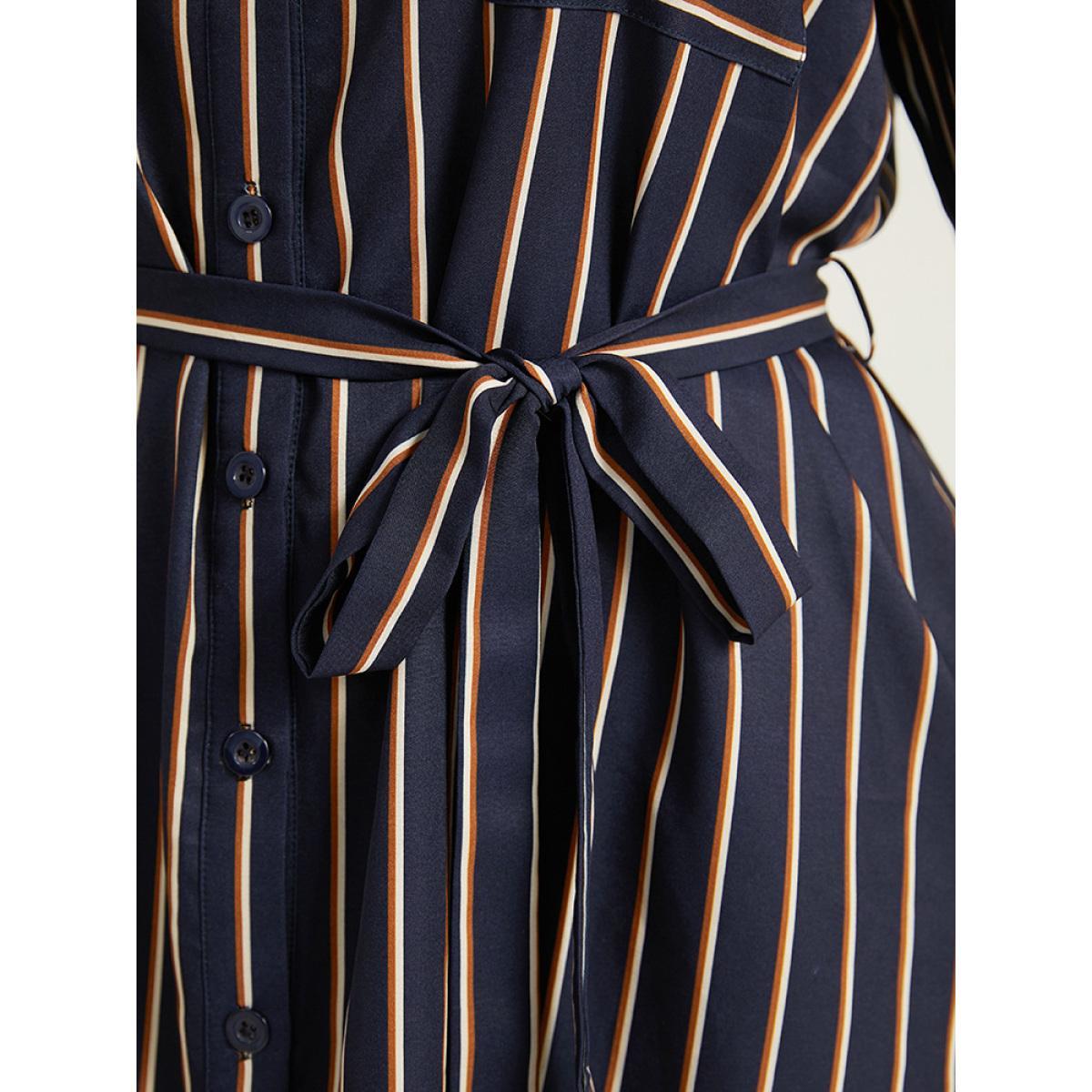 Plus Size Striped Belted Lantern Sleeve Button Through Dress Indigo Women At the Office Belted Shirt collar Long Sleeve Curvy Midi Dress BloomChic 28/5X Product Image