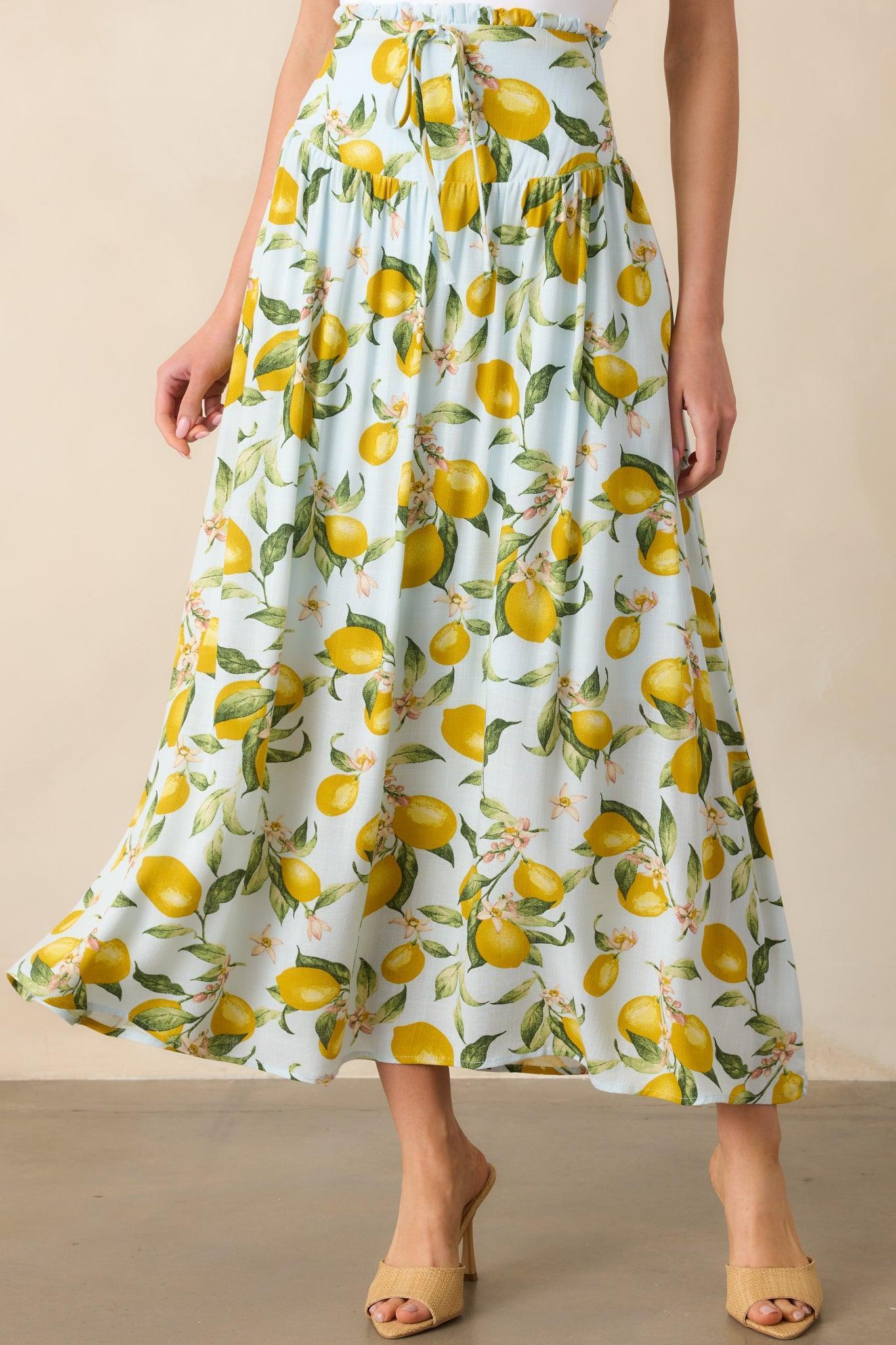 In My Flow Light Blue Lemon Print Drop Waist Maxi Skirt Product Image