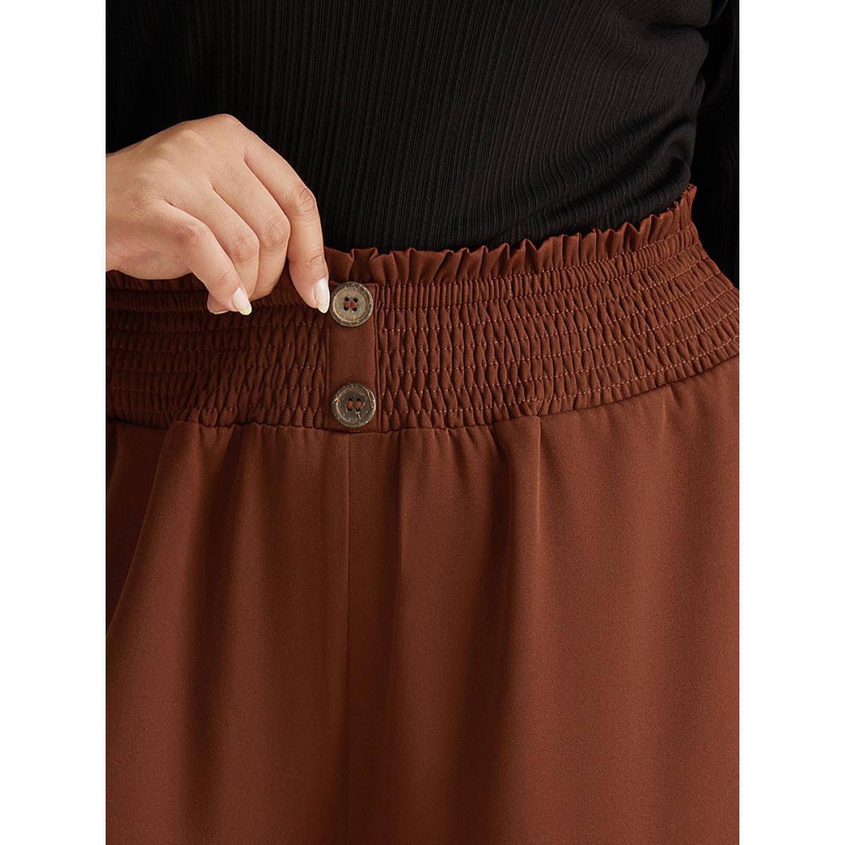Plus Size Paperbag Waist Button Detail Shirred Pants Women Rust Office Wide Leg High Rise Work Pants BloomChic 26/4X Product Image
