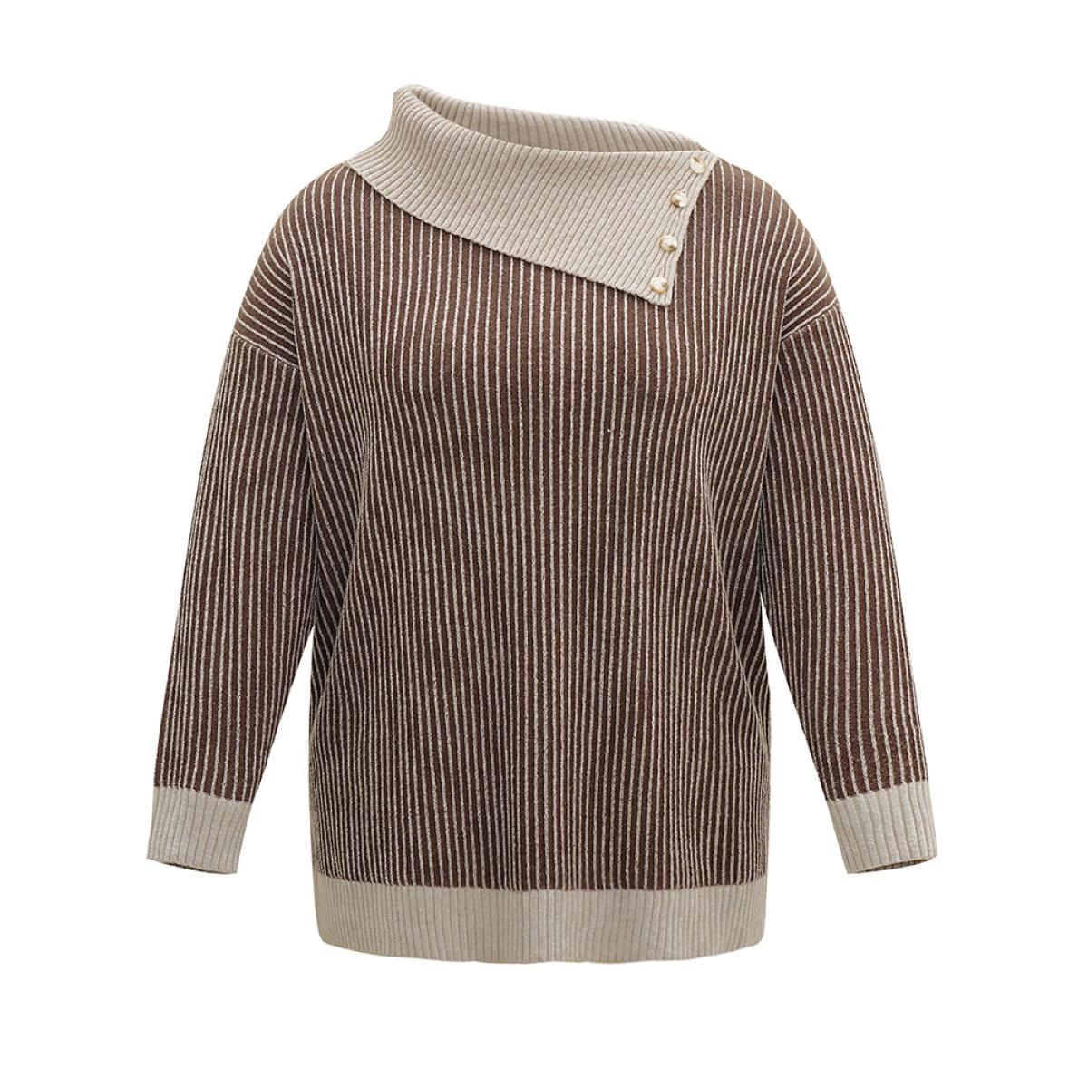 Plus Size Supersoft Essentials Striped Button Detail Pullover DarkBrown Women Casual Loose Long Sleeve Asymmetrical Neck Dailywear Pullovers BloomChic 10/M Product Image