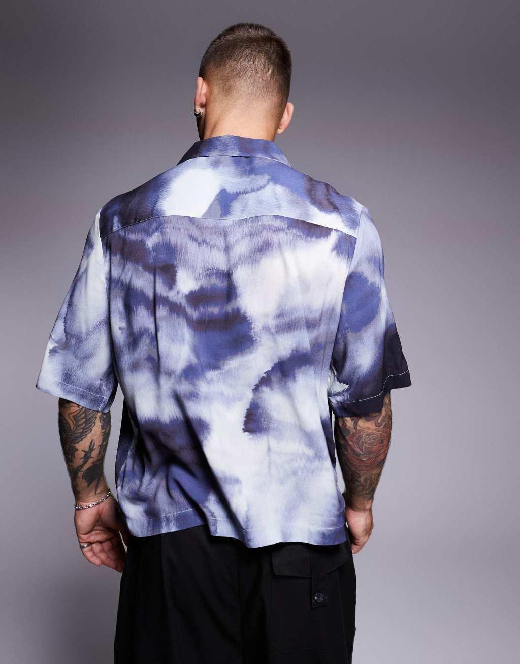 ASOS DESIGN boxy relaxed camp collar shirt with cloud print in navy Product Image