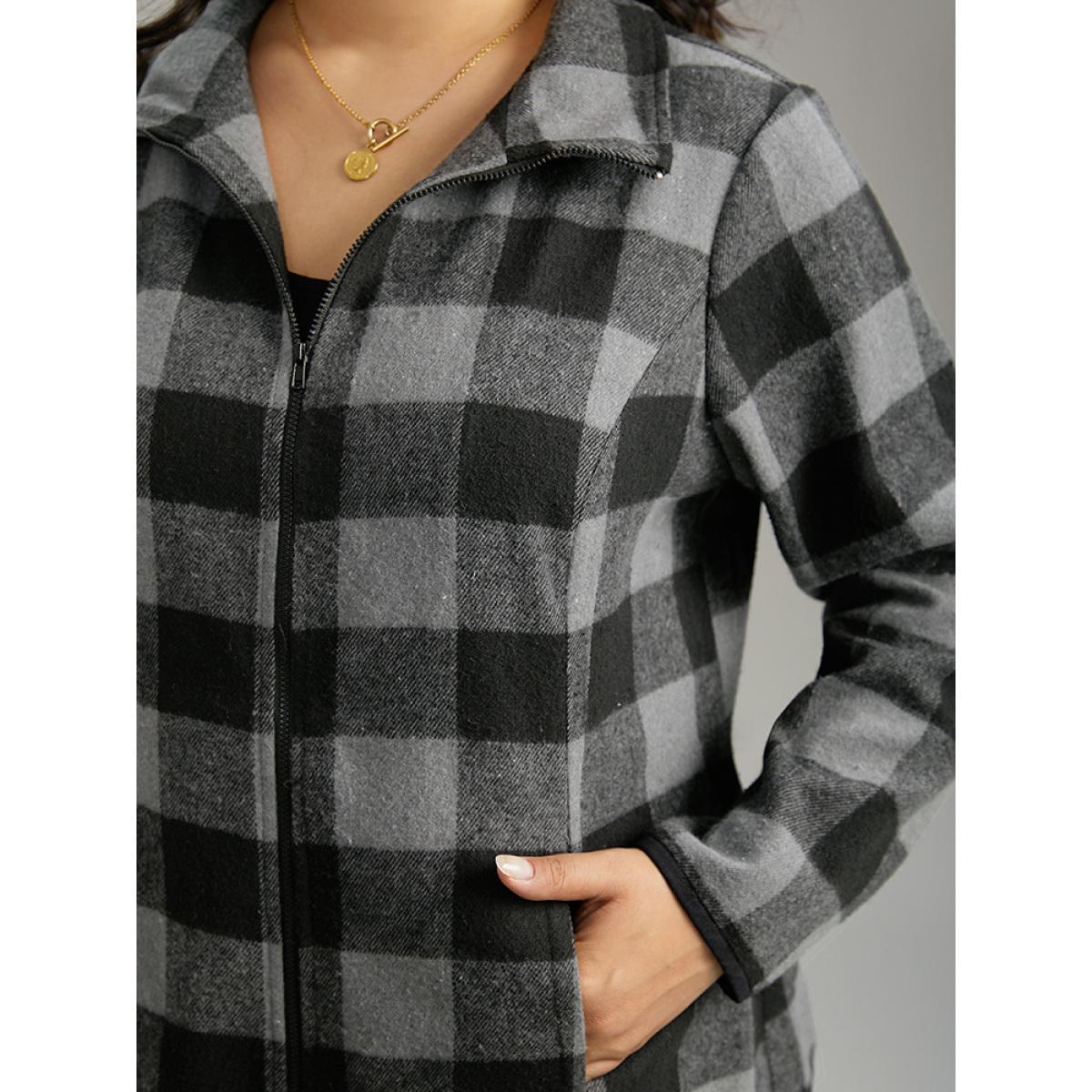 Plus Size Plaid Zipper Pocket Contrast Jacket Women DimGray Contrast Pocket Dailywear Jackets BloomChic 10/M Product Image