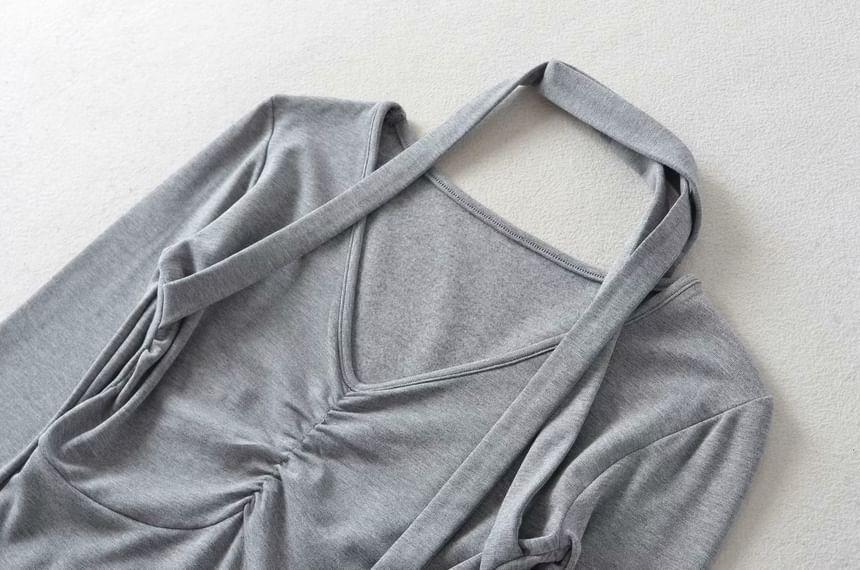 Long-Sleeve Halter-Neck Plain Shirred T-Shirt Product Image