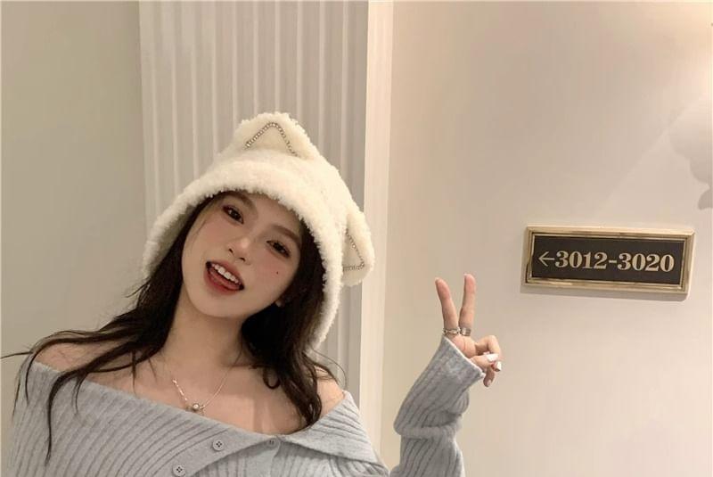 Long Sleeve Off-Shoulder Plain Ribbed-Knit Slim-Fit Sweater Product Image