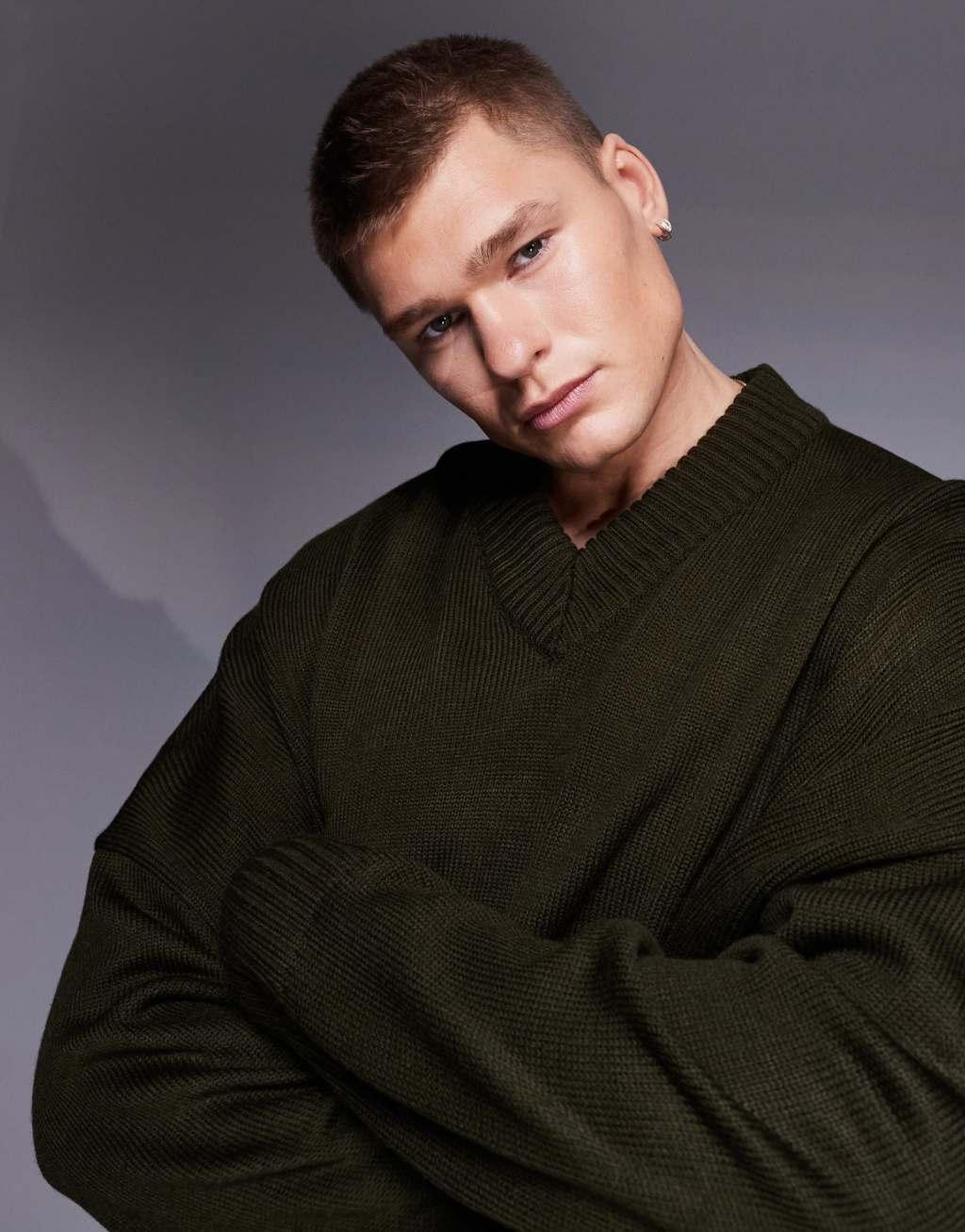 ASOS DESIGN super oversized boxy fit knitted v neck sweater in khaki Product Image