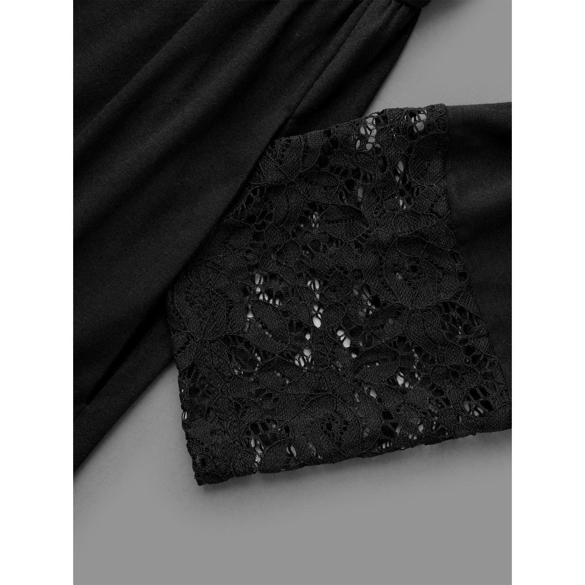 Plus Size Lace Trim Stitch Button Detail Dress Black Women Elegant Woven ribbon&lace trim Knit Dresses Bloomchic 26/4X Product Image