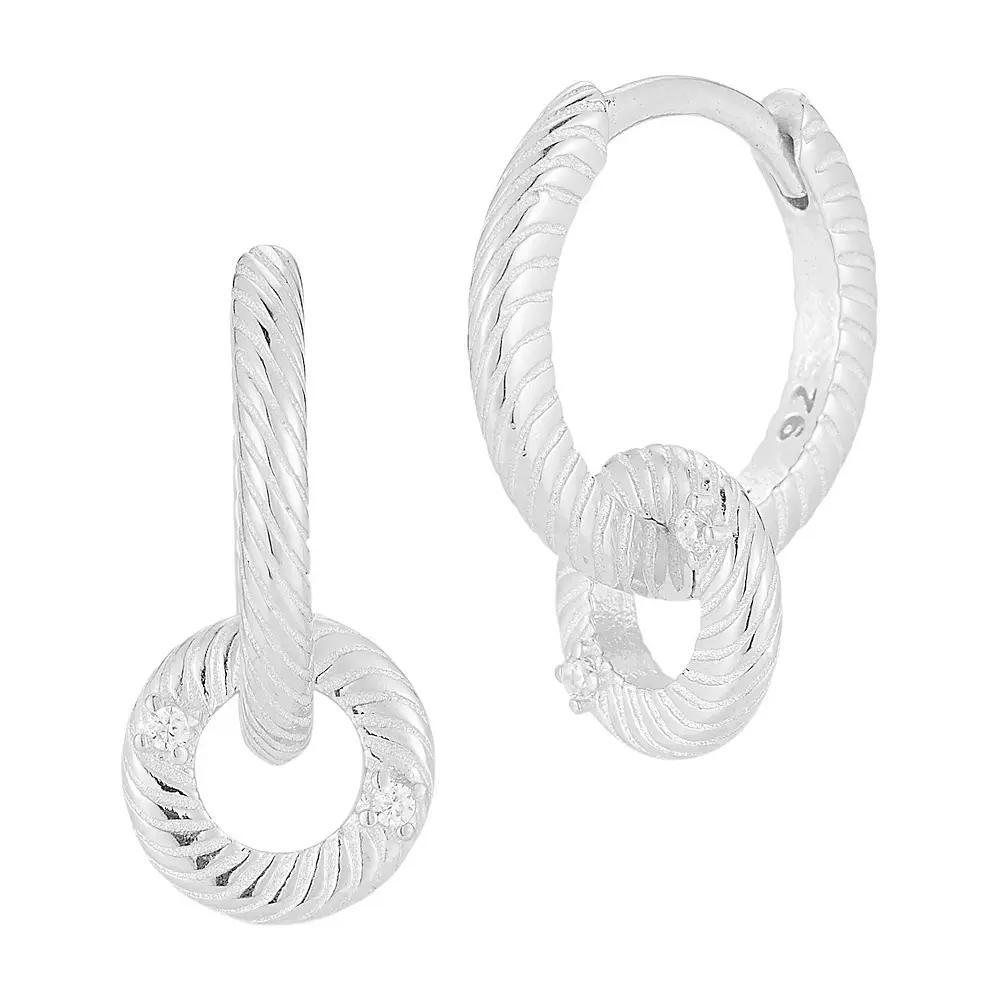 Sunkissed Sterling Sterling Silver Cubic Zirconia Textured Double-Circle Drop Hoop Earrings, Womens, Silver Tone Product Image