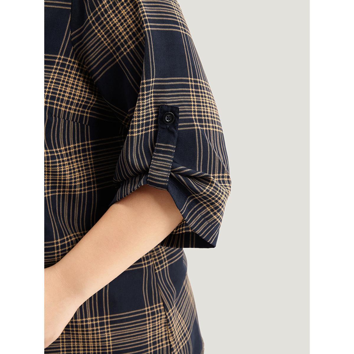 Plus Size Black Plaid Button Through Roll Tab Sleeve Blouse Women Office Half Sleeve V-neck Work Blouses BloomChic 26/4X Product Image