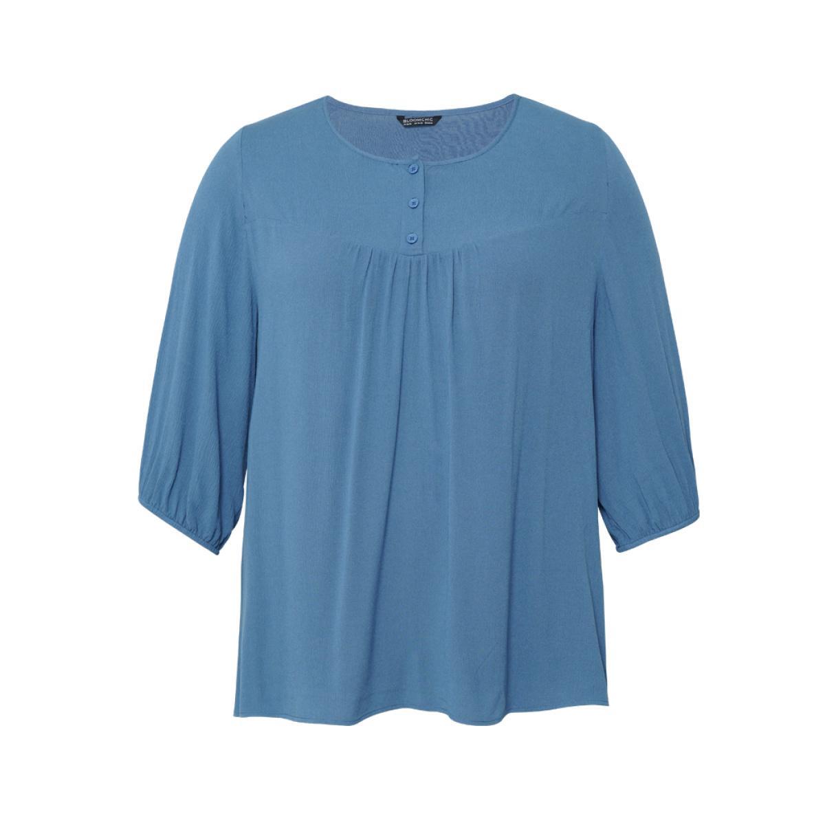 Plus Size Stone Plain Button Up Gathered Lantern Sleeve Blouse Women Elegant Elbow-length sleeve Round Neck Dailywear Blouses BloomChic 18-20/2X Product Image