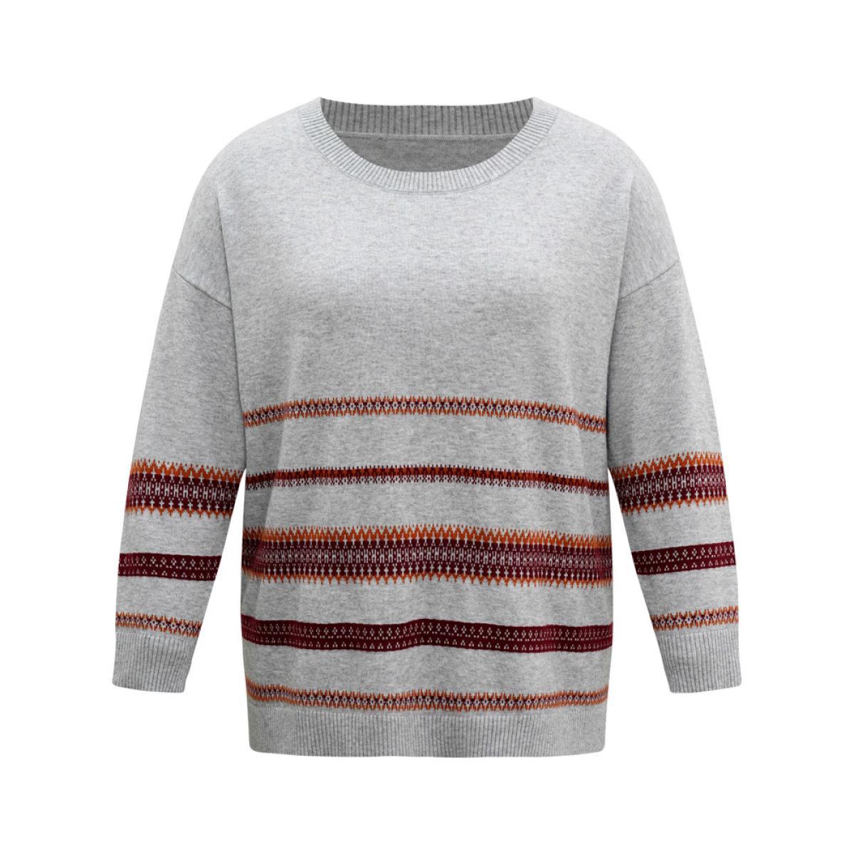 Plus Size Supersoft Essentials Anti-Pilling Bandana Striped Pullover Silver Women Casual Loose Long Sleeve Round Neck Dailywear Pullovers BloomChic 14-16/1X Product Image