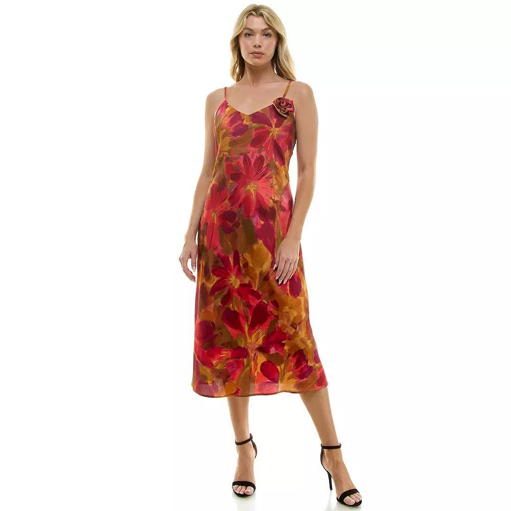 Womens Luxology V-Neck Rosette Bias Satin Midi Dress Green Wine Gold Product Image