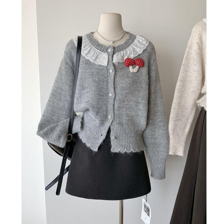 Round Neck Lace Trim Button Cardigan Product Image