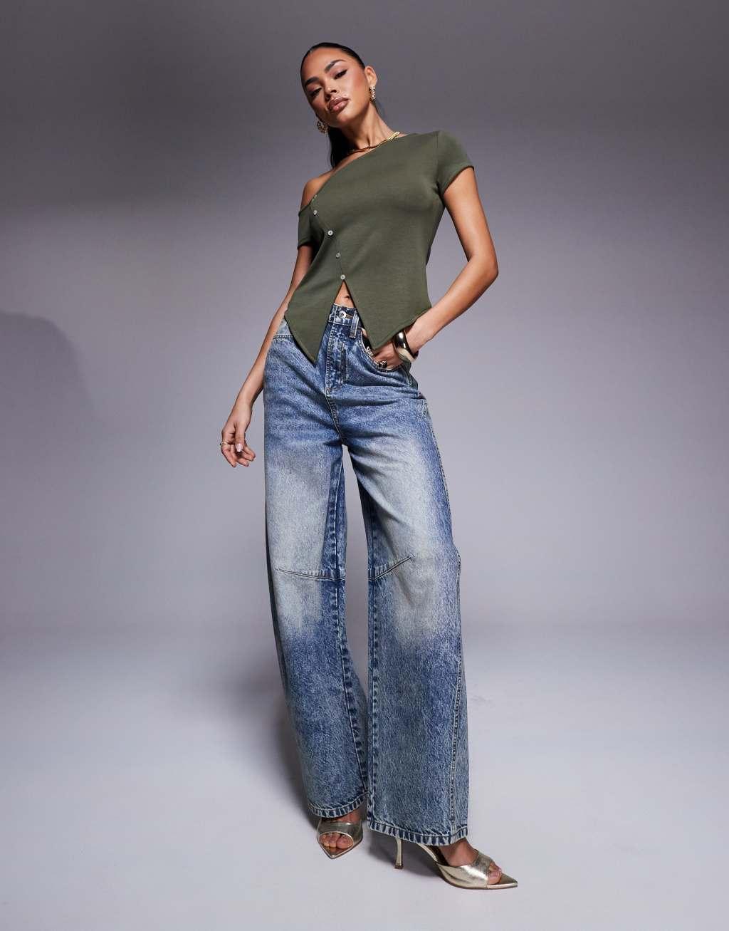 ASOS DESIGN off-shoulder button down cupro T-shirt in khaki Product Image