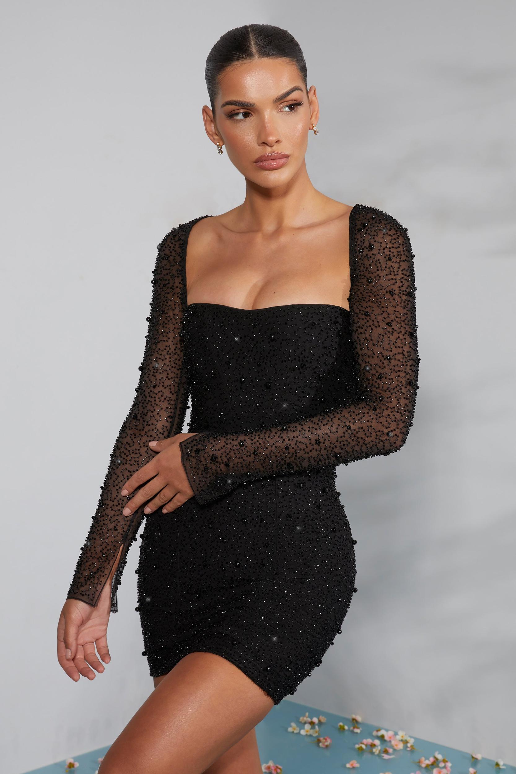 Long Sleeve Embellished Corset Mini Dress in Black Product Image