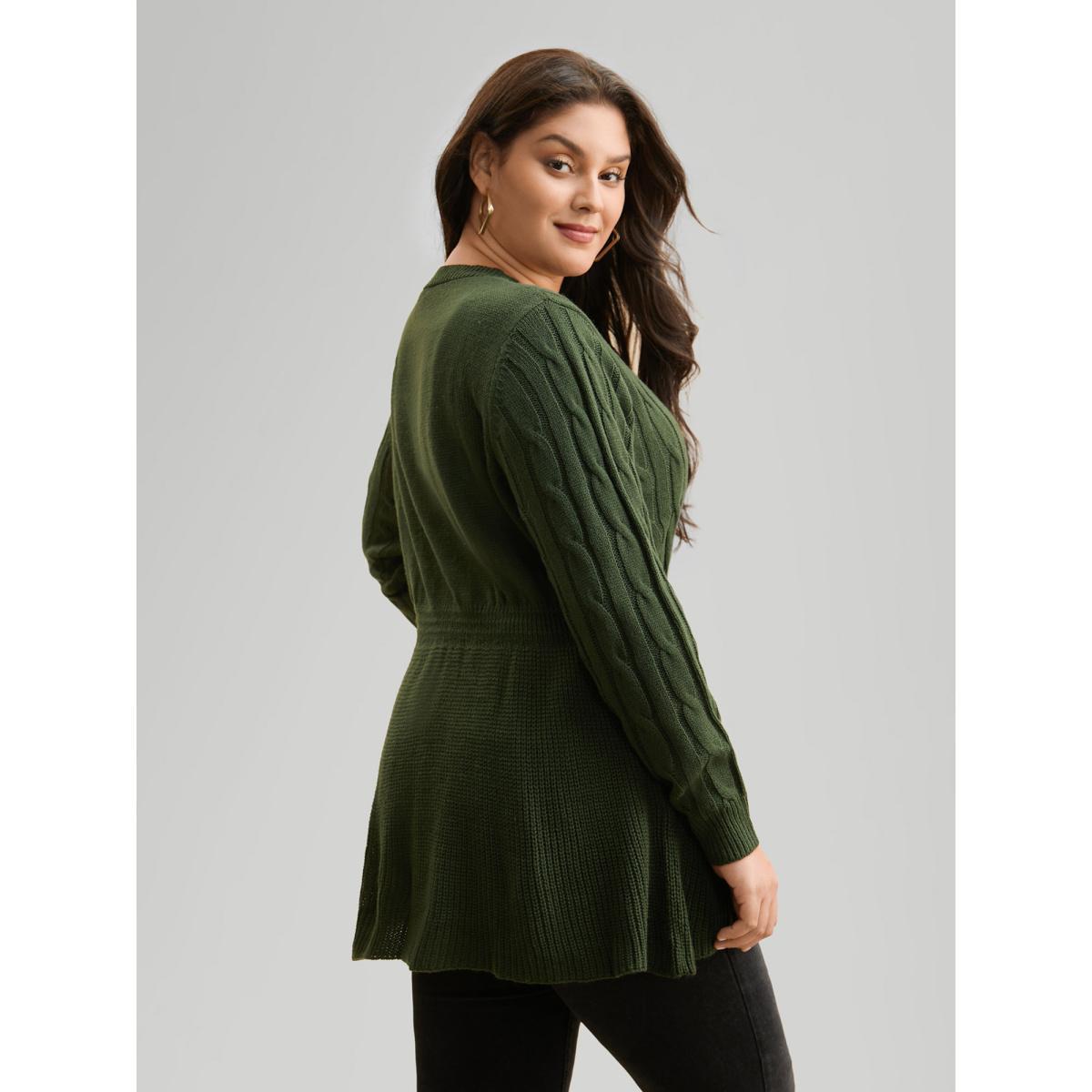 Plus Size Texture Cable Knit Button Detail Pullover ArmyGreen Women Casual Long Sleeve V-neck Everyday Pullovers BloomChic 30/6X Product Image