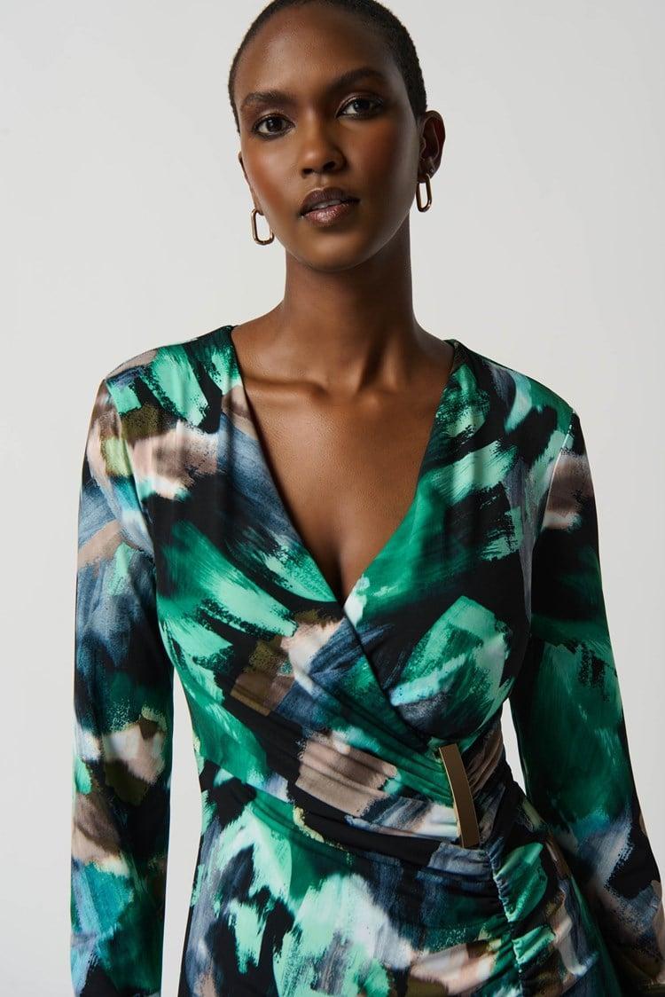 Abstract Print Silky Knit Wrap Dress With Ornament- Black/Multi Product Image