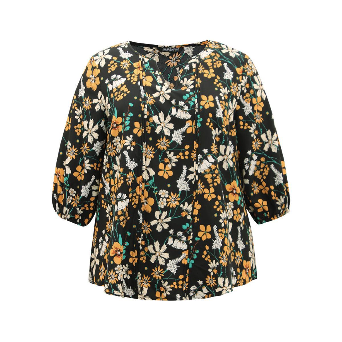 Plus Size Black Floral Print Pleated Notched Lantern Sleeve Blouse Women Elegant Elbow-length sleeve Notched collar Dailywear Blouses BloomChic 12/L Product Image