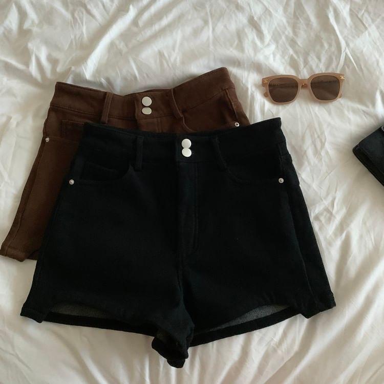 High Waist Plain Asymmetrical Denim Hot Pants Product Image